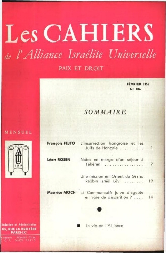Les Cahiers de l'Alliance Israélite Universelle (Paix et Droit).  N°106 (01 févr. 1957)